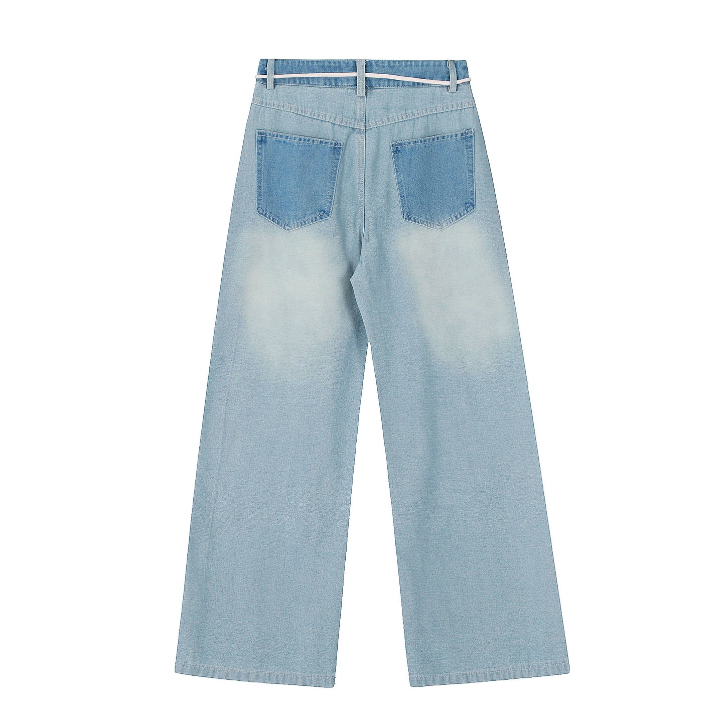 Pink Stripe Patchwork Heart Print Wide Leg Jeans - Light Blue Front and Back Detail