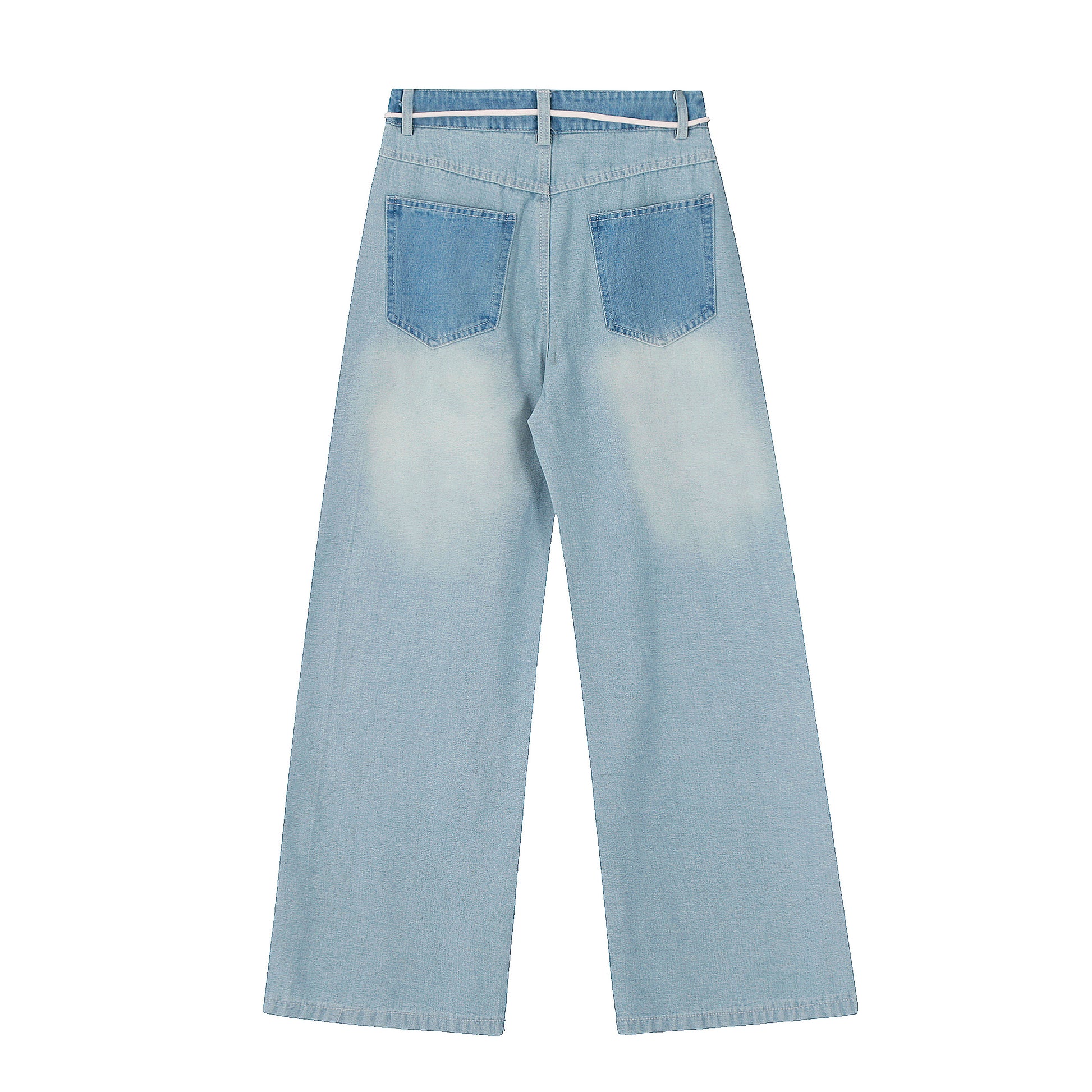 Pink Stripe Patchwork Heart Print Wide Leg Jeans - Light Blue Front and Back Detail