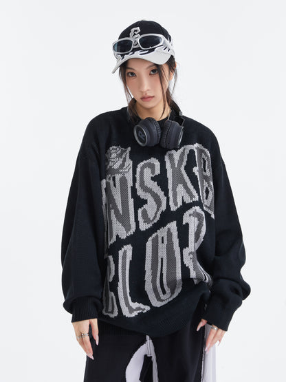 UNS Club Rose Gothic Letter Jacquard Oversized Crew Neck Sweater Streetwear Y2K Knit Pullover