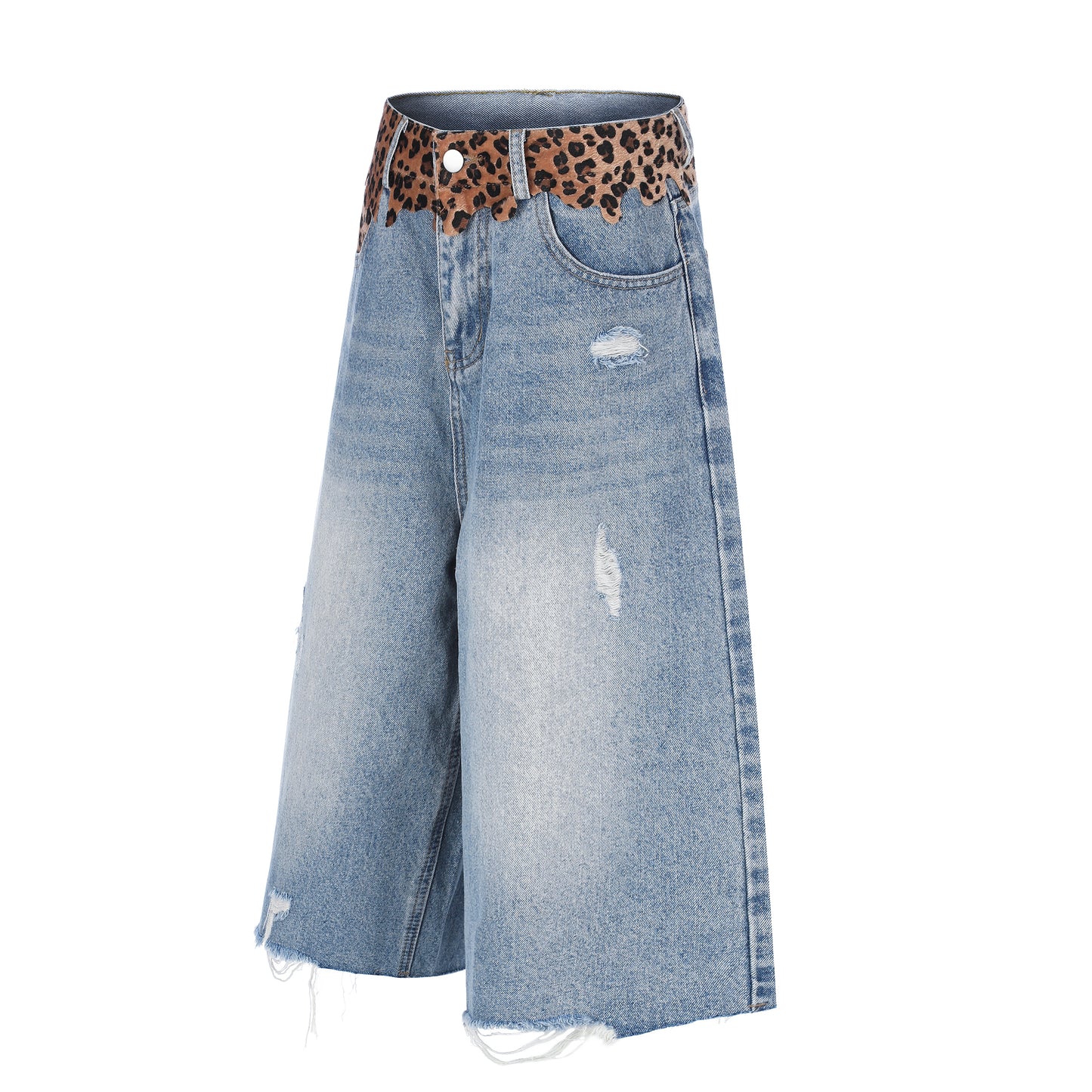 Women's Leopard Waistband Wide Leg Denim Shorts - Side View