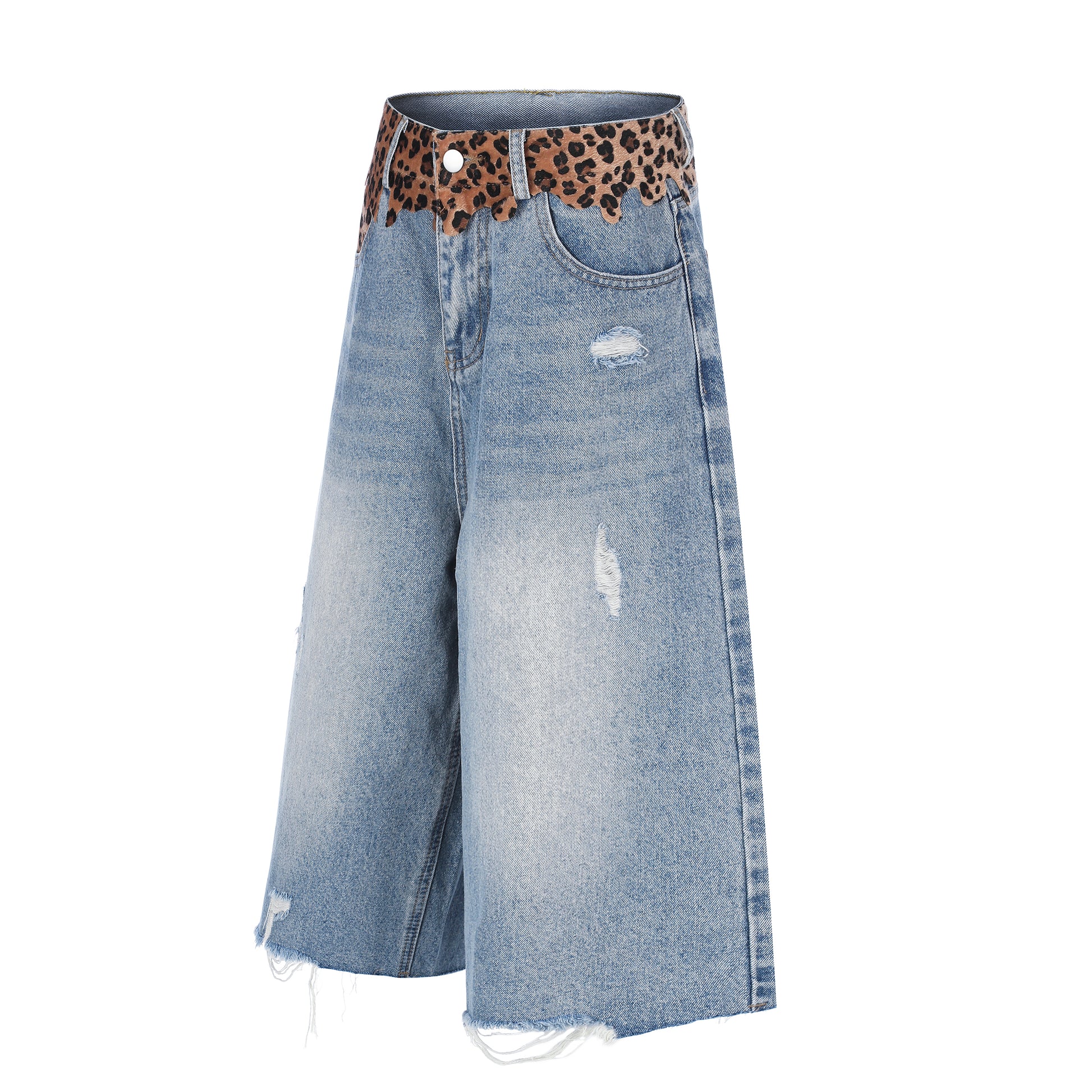 Women's Leopard Waistband Wide Leg Denim Shorts - Side View