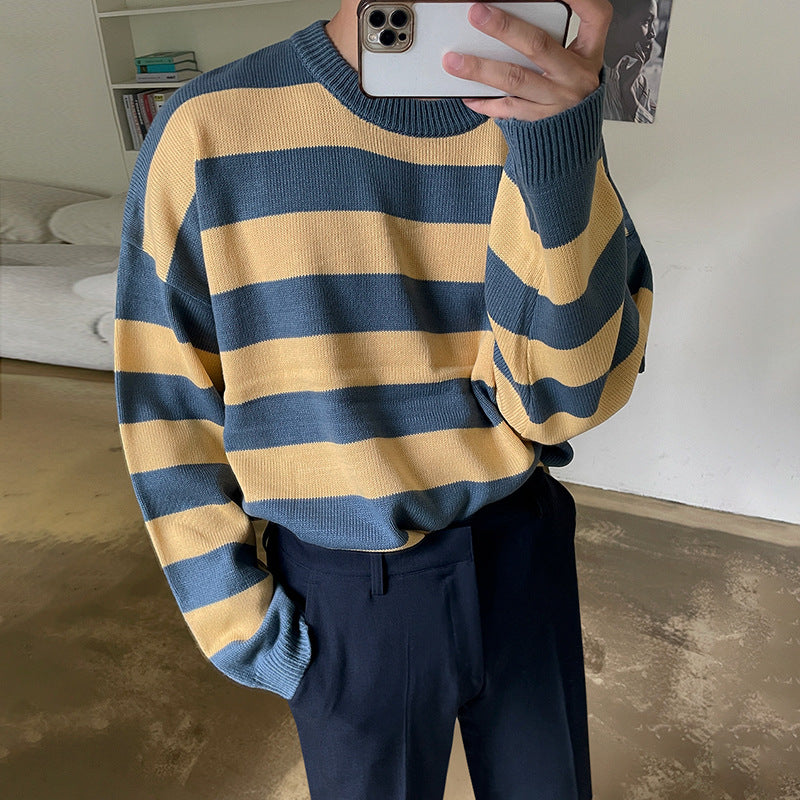 Striped round neck sweater men's long sleeve autumn Korean loose trend all-matching casual sweater outer