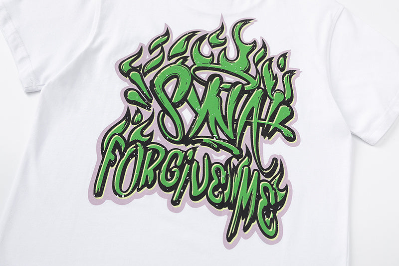 White crew neck graphic T-shirt with small green chest graphic and large graffiti-style back print - view 3