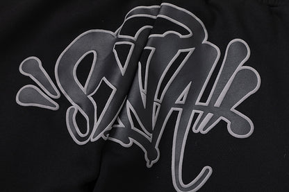 Black Graphic Hoodie and Joggers Tracksuit Set, Two Piece Streetwear Outfit