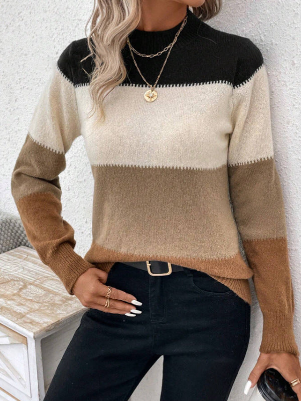 Autumn Winter Contrast Color Sweater  Women's Pullover round Neck Long Sleeves Knitwear Casual All-Matching Tops