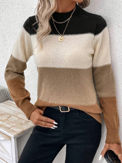 Autumn Winter Contrast Color Sweater  Women's Pullover round Neck Long Sleeves Knitwear Casual All-Matching Tops