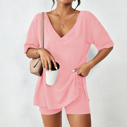 Mother's Day EKOUAER V-neck Two-Piece Pajama Set For Women Summer Casual Oversized Split Hem Shirts & Biker Shorts Minimalist Lounge Wear Soft Homewear Cozy Pjs Clothes Comfy