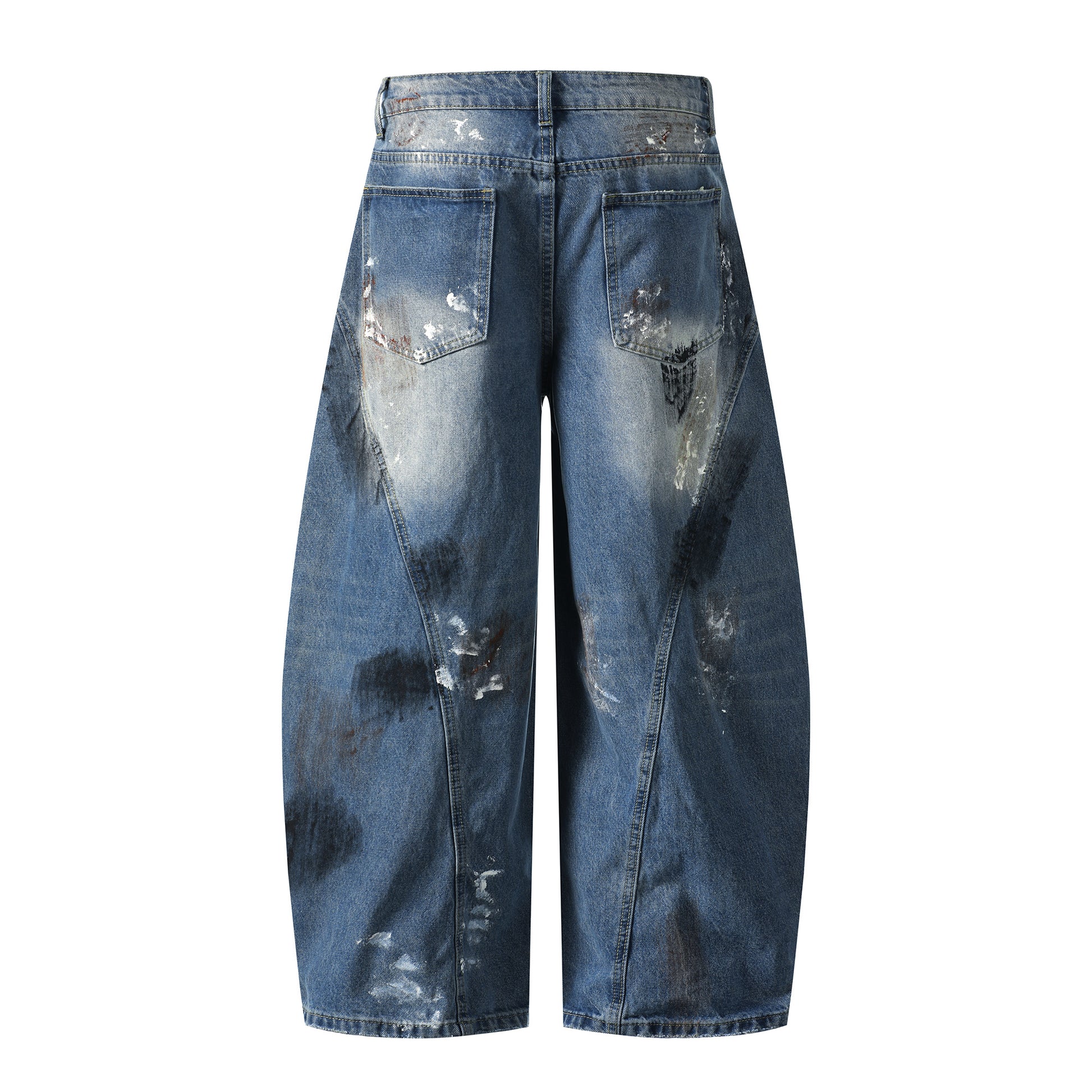 Paint splatter barrel jeans back view close-up