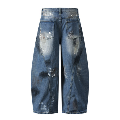 Paint Splatter Mud Dye Barrel Wide Leg Jeans High Waist Light Wash Distressed Diagonal Seam Streetwear Denim Trousers | Mud Canvas