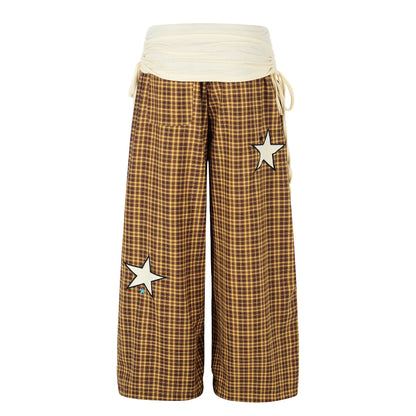 Women's Star Patch Embroidery Plaid Ruched Drawstring Waistband Wide Leg Pants High Waist Y2K Streetwear Trousers