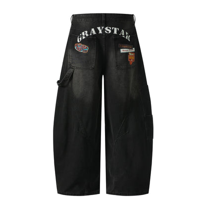 GRAYSTAR Patch Embroidered Cargo Jeans Wide Leg High Waist Washed Black Diagonal Seam Streetwear Denim Trousers | Gray Star