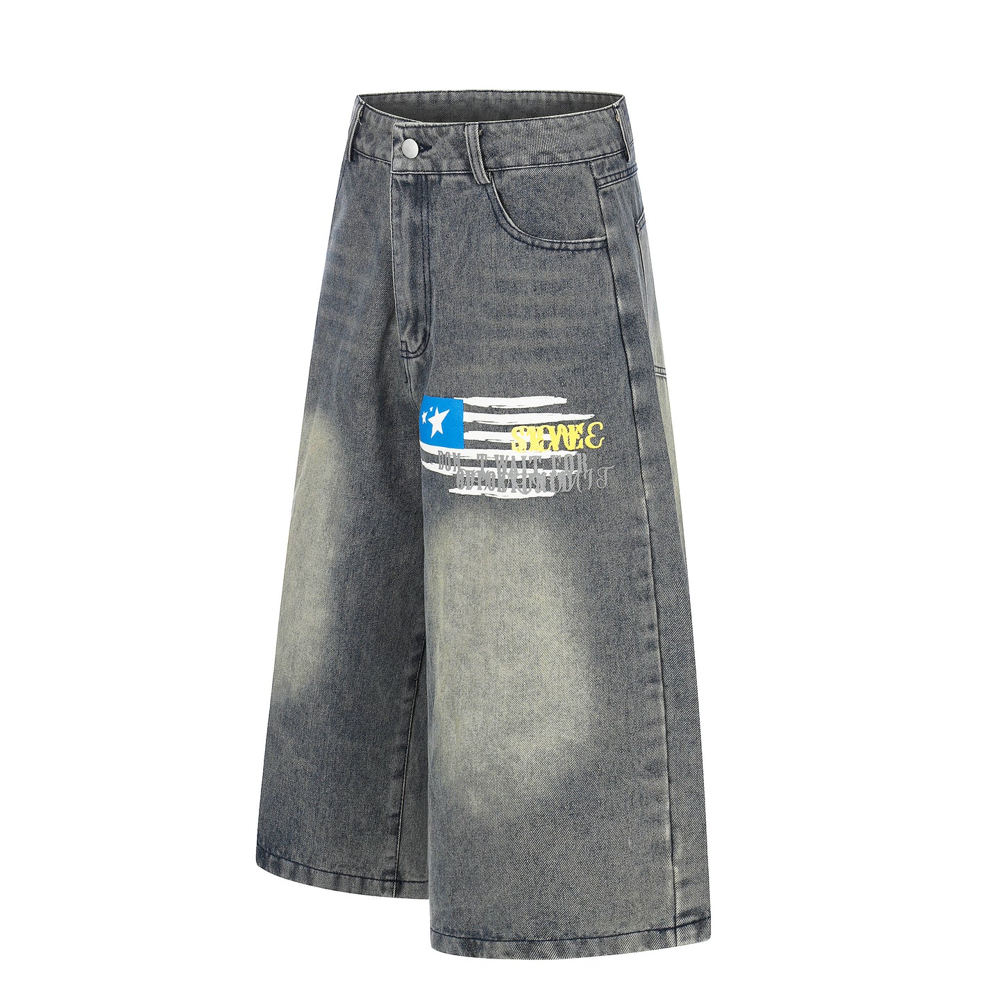 Number 18 Star Flag Print Wide Leg Denim Shorts - Side