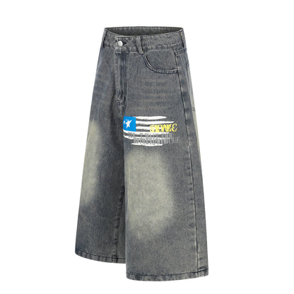 Number 18 Star Flag Print Wide Leg Denim Shorts High Waist Washed Vintage Streetwear Summer Casual Shorts