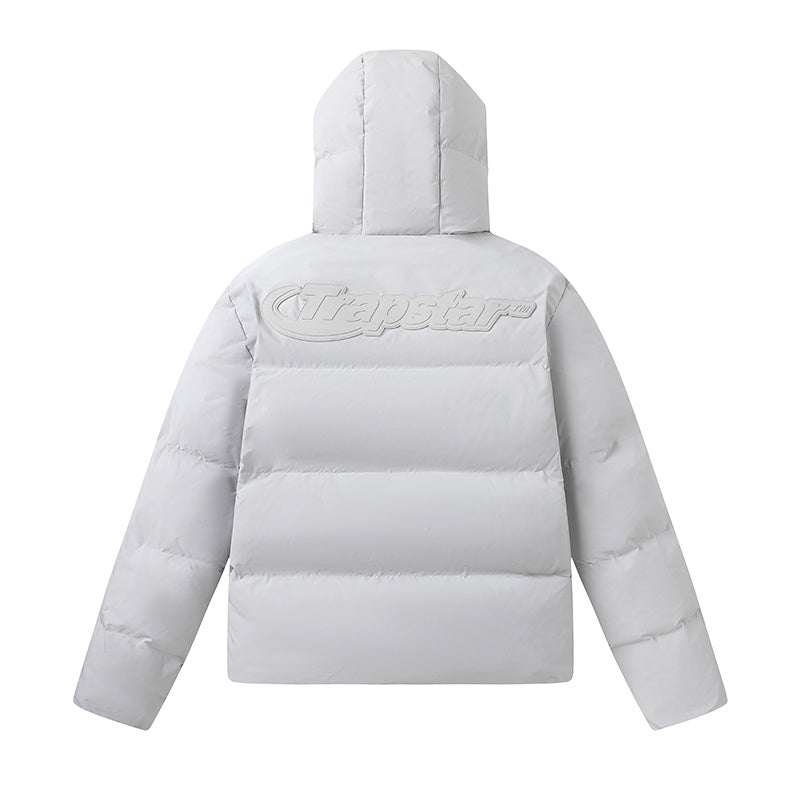 Light gray Trapstar hooded puffer jacket with front logo, full zip, quilted panels, and zippered pockets - view 4