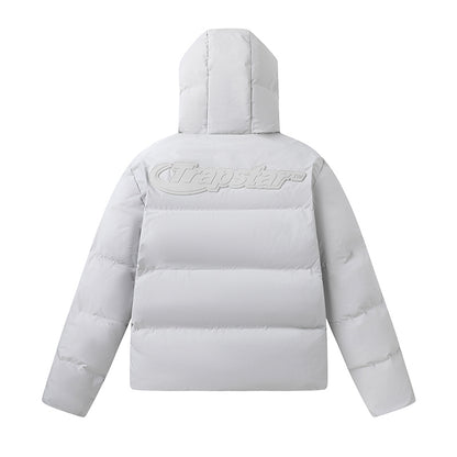 Trapstar Light Gray Logo Hooded Puffer Jacket, Quilted Full-Zip Streetwear Outerwear