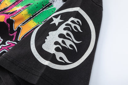 Flame Graphic Tee Pink Fire Angel Print Oversized Black Cotton Streetwear Casual Summer T-Shirt | Angel Fire
