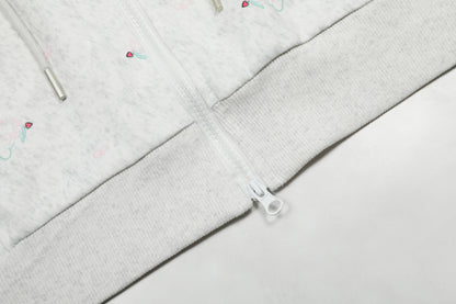 Women's Rvnteng Oval Logo Scattered Floral Embroidery Full Zip Hoodie Sweatshirt Long Sleeve Casual Streetwear Jacket