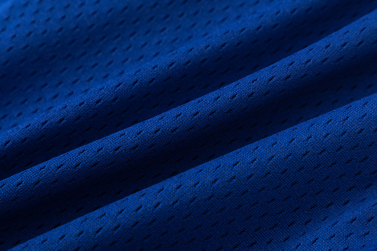 Blue graphic mesh basketball shorts with striped waistband and hem trim - view 4