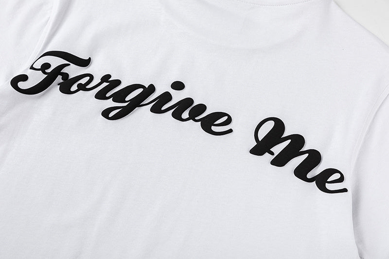 Black unisex graphic T-shirt with small chest print and Forgive Me back graphic - view 4