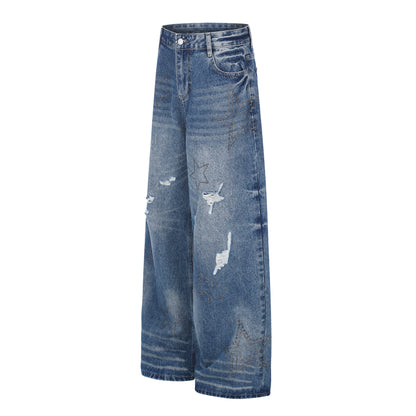 Women's Star Embroidery Rhinestone Distressed Wide Leg Jeans High Waist Ripped Casual Streetwear Denim Pants