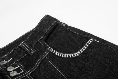 Women's Contrast Stitch 5-Button High Waist Wide Leg Denim Shorts Distressed Bermuda Y2K Streetwear Jean Shorts