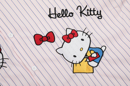 Hello Kitty Stripe Short Sleeve Shirt Oversized Button Down Kawaii Graphic Cute Y2K Casual Summer Top | Kitty Stripe