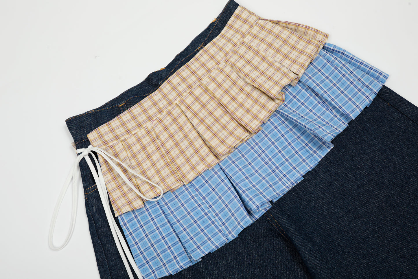 Double Layer Plaid Pleated Skirt Hem Patchwork Denim Shorts Side Tie JK Streetwear Y2K