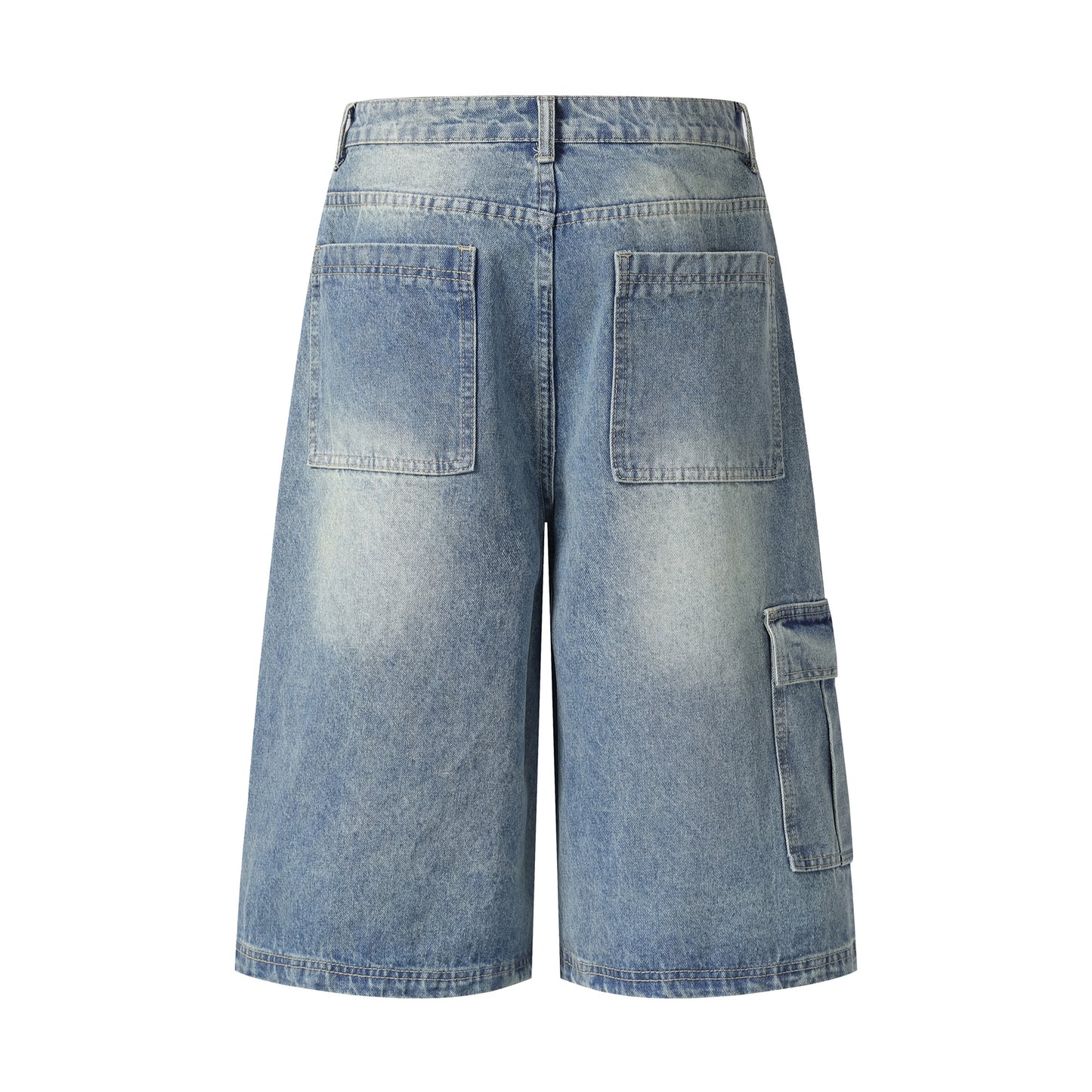 Multi-pocket cargo denim shorts front and back flat lay