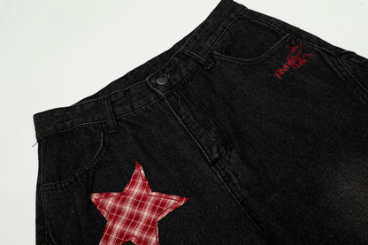 Women's Rvnteng Plaid Star Applique Patch Balloon Wide Leg Denim Jeans High Waist Vintage Wash Y2K Streetwear Baggy Jean Pants