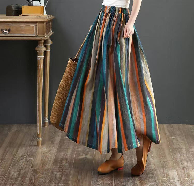 New style cotton and linen all-matching A-line skirt loose literary stripe printing medium-long pleated skirt for women