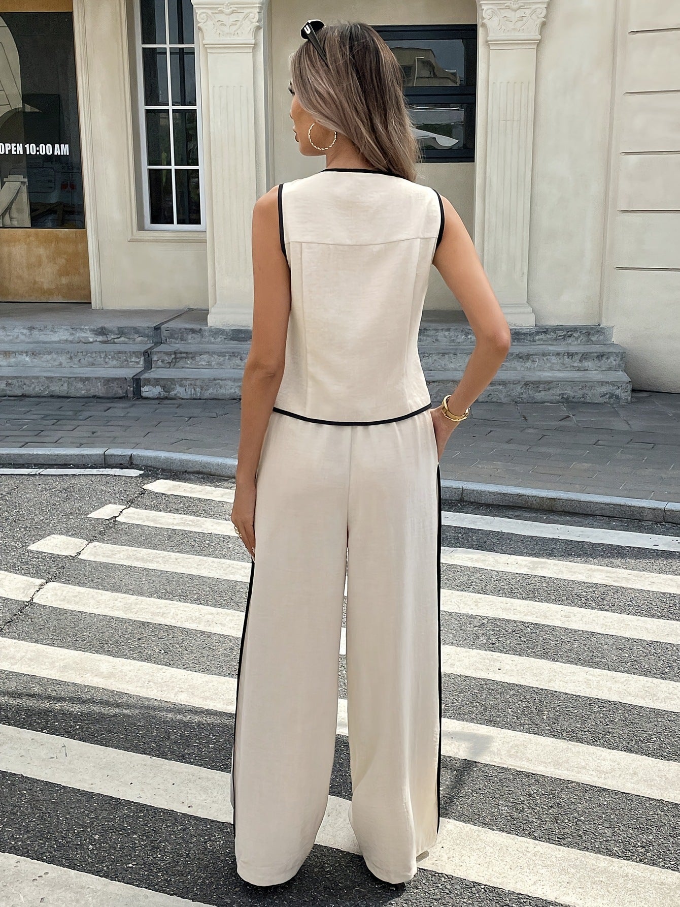 Women's Linen Two Piece Set Button Front Top Wide Leg Pants Contrast Piping Casual Summer Soiree Vacation Outfit