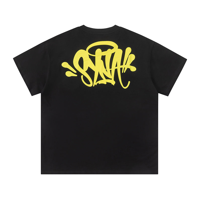 Men's black crew neck short sleeve graphic T-shirt with yellow and white front print - view 4