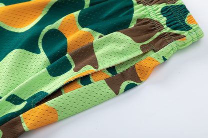 Camo Print Mesh Elastic Waist Athletic Shorts Colorblock Street Summer Beach Shorts | Lime Camo