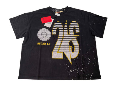 SECND SLF 25 Target Stripe Distressed Short Sleeve Tee Washed Black Boxy Heavy Ink Splash Post-Apocalyptic Streetwear | Target 25 Tee