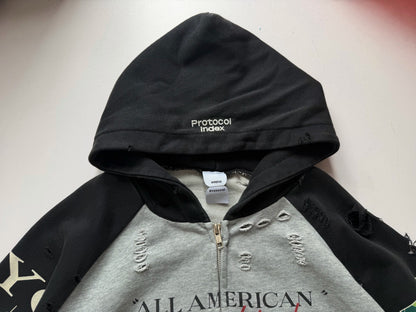 Protocol Index All American Football Print Raglan Zip Hoodie Distressed Washed Embroidered Streetwear | Grid Raglan