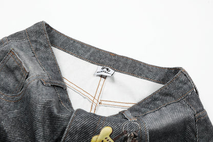 Women's Multi Patch Embroidery Charm Pendant High Waist Washed Denim Shorts Y2K Streetwear Bermuda Jean Shorts