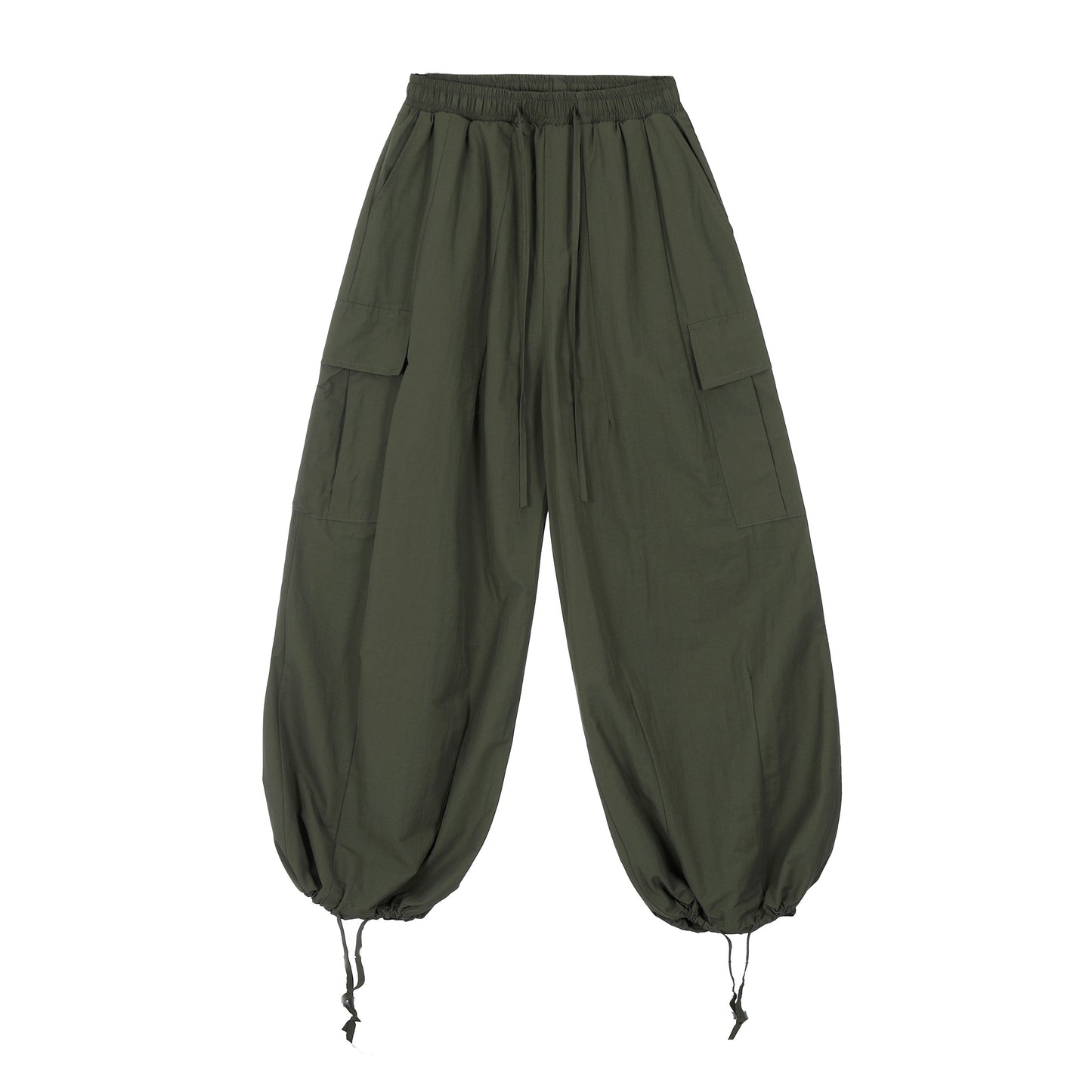 Elastic Waist Drawstring Cargo Wide Leg Pants - Brown Front
