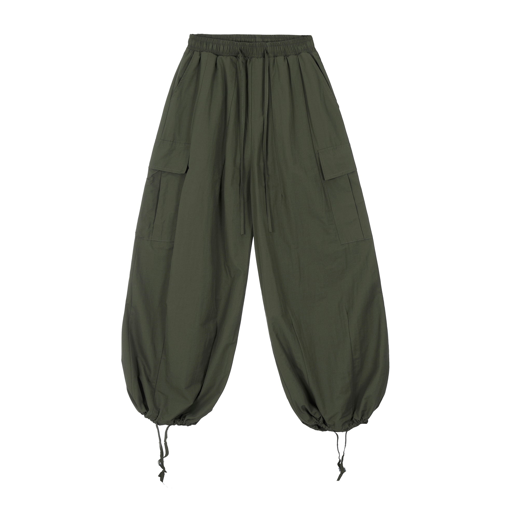 Elastic Waist Drawstring Cargo Wide Leg Pants - Brown Front