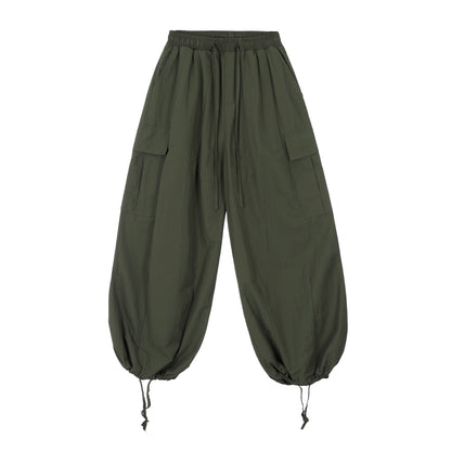 Elastic Waist Drawstring Cargo Wide Leg Pants Multi Pocket Baggy Parachute Streetwear Y2K