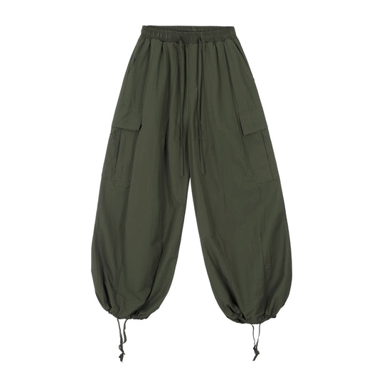 Elastic Waist Drawstring Cargo Wide Leg Pants - Brown Front