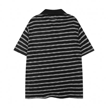 Twin Stallion Star Embroidery Stripe Polo Short Sleeve Oversized Streetwear Y2K Vintage Cotton Knit Top | Twin Stallion