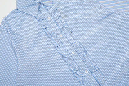 Ruffle Front Stripe Short Sleeve Shirt Oversized Button Down Feminine Casual Summer Top | Ruffle Stripe