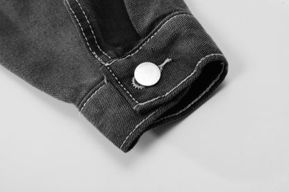 Oversized Two-Tone Denim Jacket Chain Detail Washed Vintage Streetwear Casual Fall Outerwear