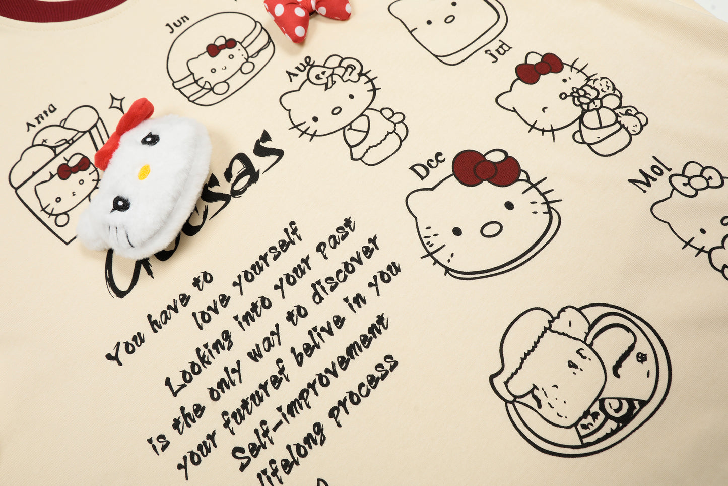 Hello Kitty 3D Bow Plush Patch Graphic Tee Oversized Short Sleeve Kawaii Cute Ringer Collar Y2K Summer T-Shirt | Kitty Bow