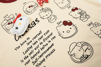 Hello Kitty 3D Bow Plush Patch Graphic Tee Oversized Short Sleeve Kawaii Cute Ringer Collar Y2K Summer T-Shirt | Kitty Bow