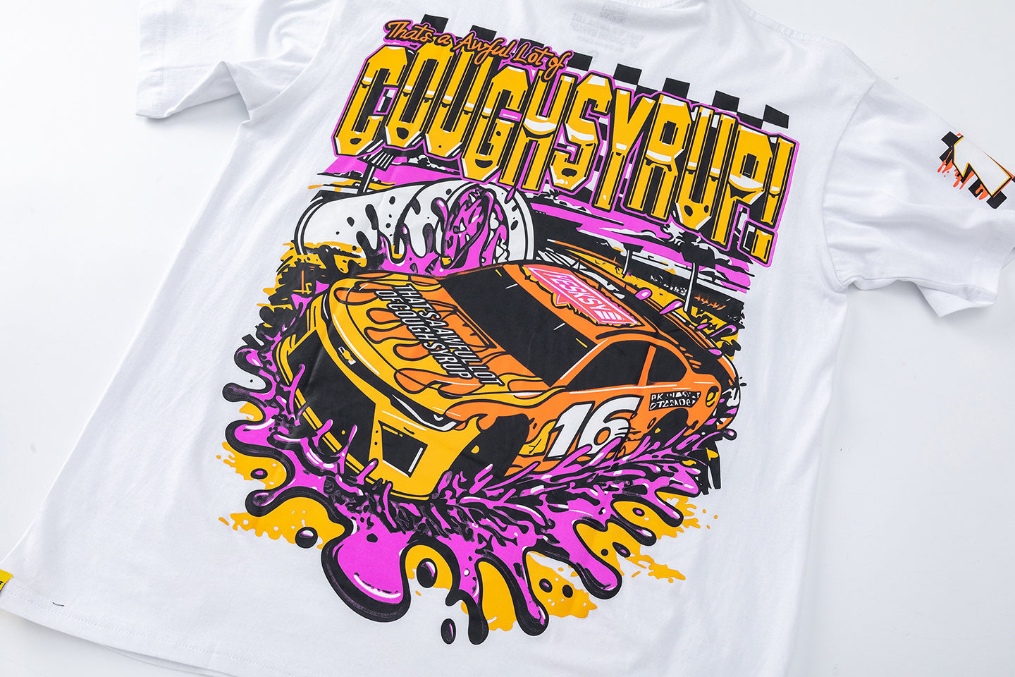 White unisex graphic T-shirt with colorful racing car print on the front and back - view 4