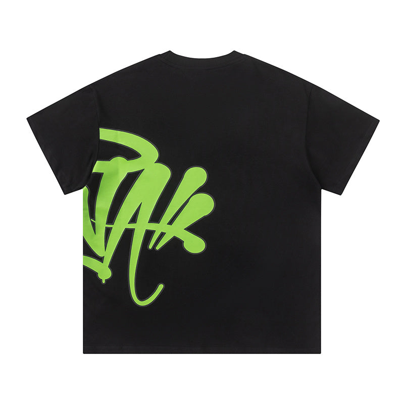 Black short sleeve crewneck T-shirt with oversized neon green graffiti-style front graphic - view 4
