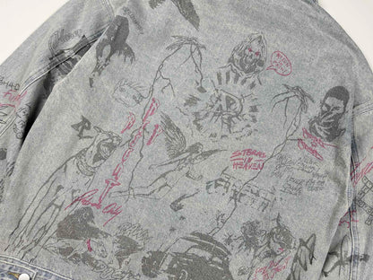 Represent Sketch Allover Print Denim Jacket Heavy Washed Distressed Oversized Short Trucker Streetwear | Rept Sketch