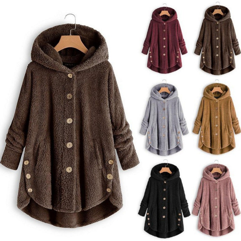 Qeaghou Thick Winter Coats for Women Causal Cute Sherpa Coats Fuzzy Fleece Warm Coats Button Down Long Sleeve Hooded Coat