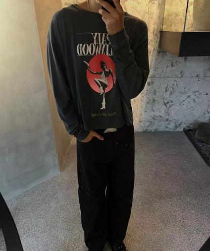 Paly Hollywood Vintage Graphic Print Long Sleeve Oversized Tee Washed Cotton Retro Streetwear Top | Paly Sunset